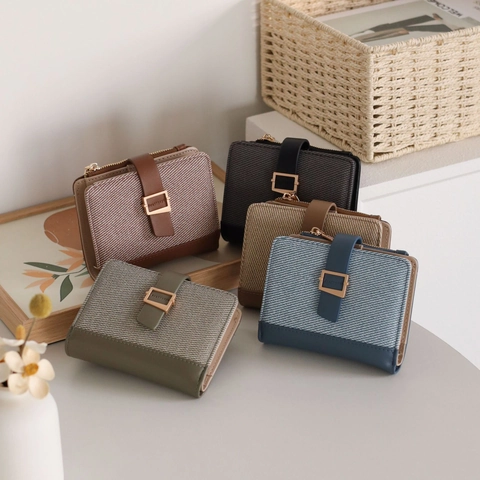 Portafoglio Piccolo da Donna Manuale Raccoglitore Taccuino Giunzione Pelle PU Tessuto Tasca con Cerniera Fibbia in Metallo Portacarte Moda