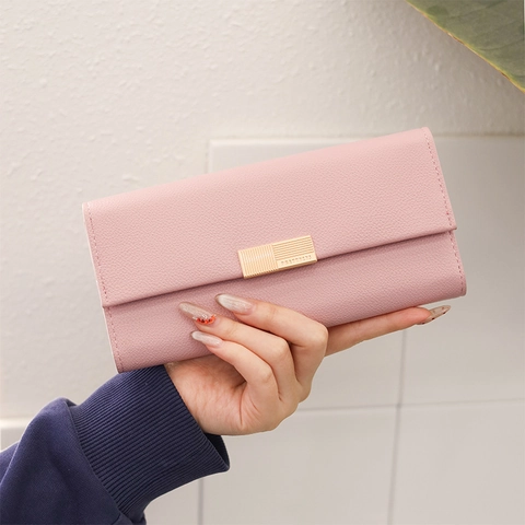 Damen Langes PU-Leder Portemonnaie Große Kapazität Dreifach Gefaltete Clutch Tasche Mit Goldener Metallschnalle Lychee Muster