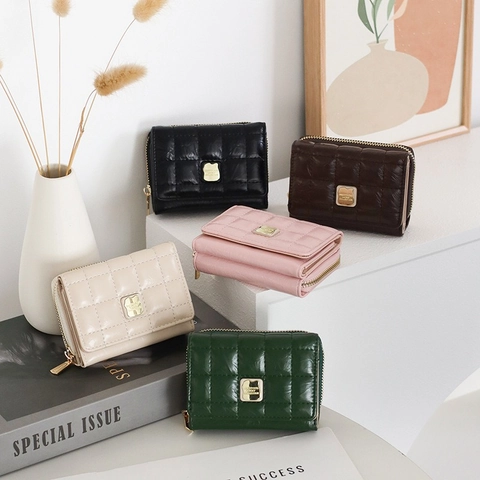 Women Quilted PU Leather Tri-Fold Wallet Short Card Holder Multifunctional Small Purse With Metal Buckle Zipper For Ladies
