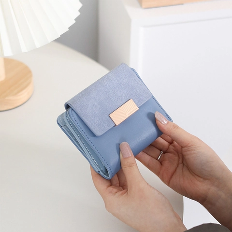 Women Short Wallet PU Leather Patchwork Folding Multi Card Slots Zipper Coin Pocket Metal Buckle Simple Elegant Ladies Purse