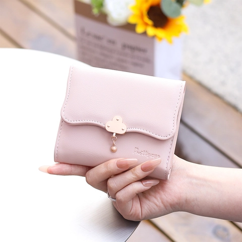 Cartera Corta de Cuero de PU para Mujer 3 Pliegues Cierre de Nube Monedero Porta Tarjetas Estilo Dulce y Fresco Color Sólido Cartera Estudiantes