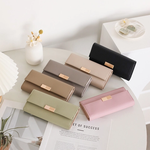 Damen Langes PU-Leder Portemonnaie Große Kapazität Dreifach Gefaltete Clutch Tasche Mit Goldener Metallschnalle Lychee Muster
