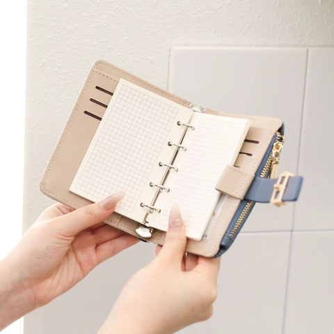 Women Patchwork PU Leather 6 Ring Binder Planner Wallet Multi-functional Card Holder Purse With Zipper Pocket College Style