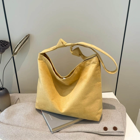 Women Large Capacity Shoulder Tote Bag Suede Fabric Minimalist Hobo Bag With Knotted Strap Casual Daily Commute Bag