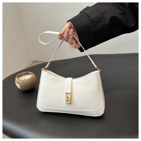 Women PU Leather Underarm Shoulder Bag Vintage Minimalist Baguette Handbag With Gold Metal Clasp