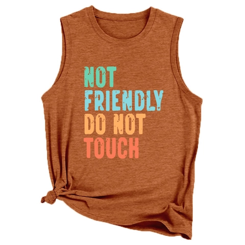 Camiseta Sin Mangas Para Mujer Punto Algodón Cuello Redondo Estampado Letras Not Friendly Do Not Touch Dobladillo Anudado