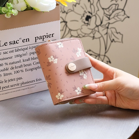 Women Short PU Leather Floral Print Folding Wallet Multi Card Slot Coin Purse Mini Clutch For Ladies
