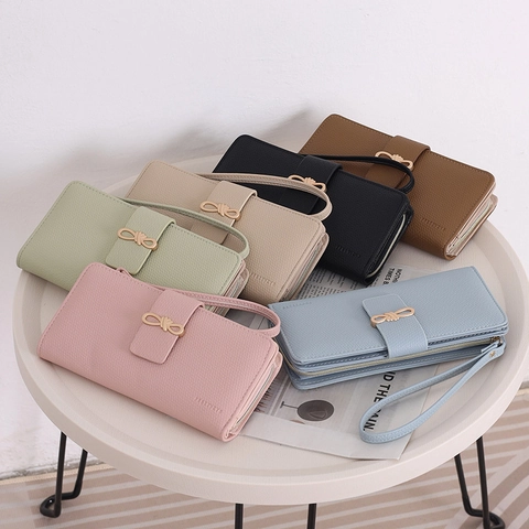 Damen Lange Geldbörse Schleifenschnalle Lychee-Struktur PU Leder Handgelenktasche Multifunktionaler Kartenhalter Minimalistisches Design