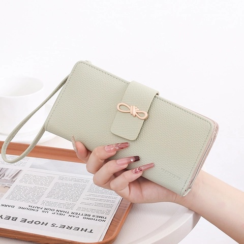Damen Lange Geldbörse Schleifenschnalle Lychee-Struktur PU Leder Handgelenktasche Multifunktionaler Kartenhalter Minimalistisches Design