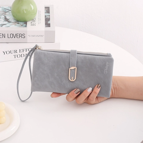 Women Long Wallet PU Leather Frosted Leaf Buckle Zipper Wristlet Multi-Functional Card Holder Clutch Phone Purse