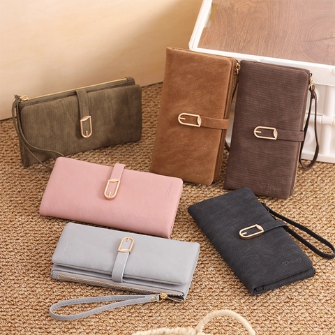 Women Long Wallet PU Leather Frosted Leaf Buckle Zipper Wristlet Multi-Functional Card Holder Clutch Phone Purse