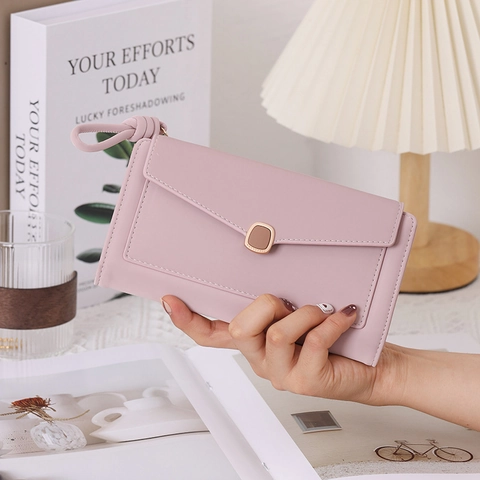 Cartera Larga Mujer Cuero PU Gran Capacidad Bolso De Mano Sobre Con Correa De Muñeca Ranuras Para Tarjetas Elegante Color Sólido