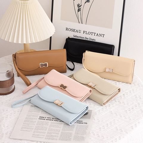 Portafoglio Donna Lungo Pelle PU Fibbia Fiocco Grande Capacità Pochette Con Cinturino Da Polso Semplice Versatile