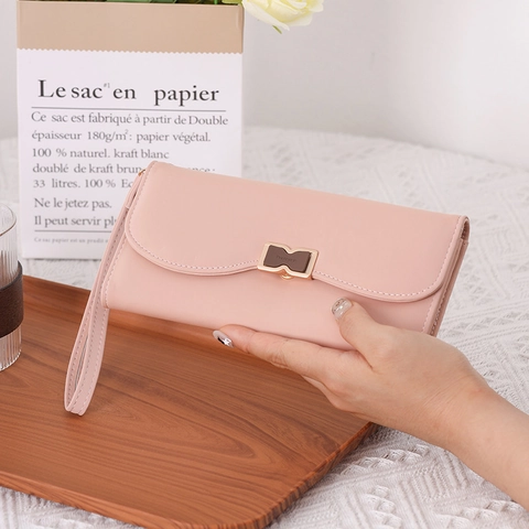 Portafoglio Donna Lungo Pelle PU Fibbia Fiocco Grande Capacità Pochette Con Cinturino Da Polso Semplice Versatile