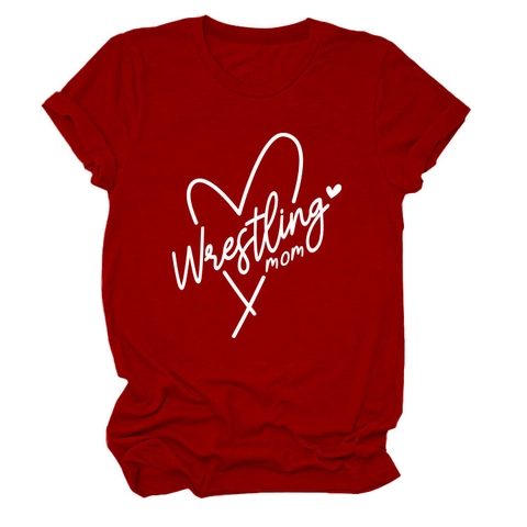Maglietta Donna Wrestling Mom Grafica Cuore Misto Cotone Maniche Corte Girocollo Morbida Casual Top