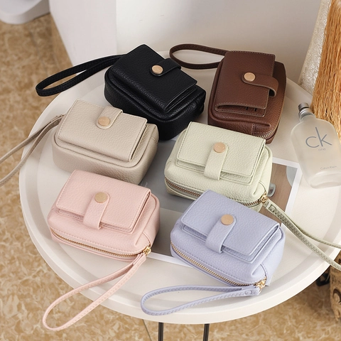 Damen Mini Münzbörse PU Leder Litchi Textur Reißverschluss Geldbörse Mit Handschlaufe Vordertasche Schicke Kleine Tasche