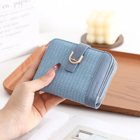 Women Short Wallet Fold PU Leather Woven Texture Zipper Buckle Card Slots Coin Pocket Casual Daily