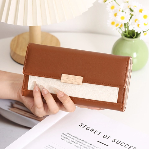 Portafoglio Lungo Donna Pelle PU Tela Patchwork Grande Capacità Fessure Carte Elegante Chic Trifold Pochette Fibbia Metallo