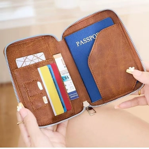 Porta Passaporto Unisex in Pelle PU Portafoglio da Viaggio con Cerniera Organizzatore di Documenti con Icona di Aereo