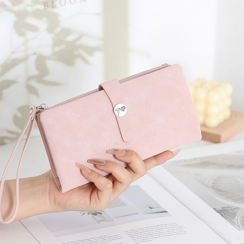 Women Long Wallet Frosted PU Leather Zipper Bowknot Buckle Clutch Bag Multi Card Slots Wristlet Handbag Simple Purses