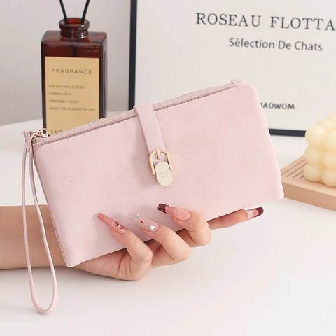 Cartera Larga Para Mujer Cuero PU Mate Bolso De Mano Minimalista Con Correa De Muñeca Tarjetero Color Sólido