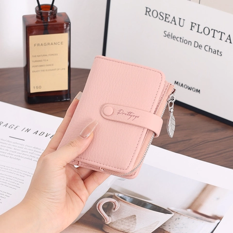 Women Short Trifold Wallet Lychee Pattern PU Leather Coin Purse Leaf Zipper Pull Multi Card Slots Snap Buckle Money Clip