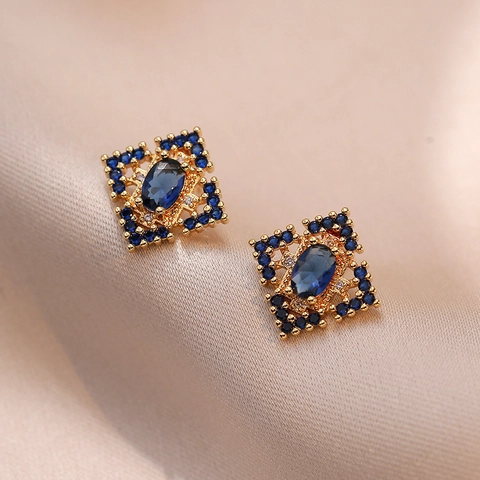 Retro Palatial Necklace And Open Ring And Earrings Jewelry For Women Titanium Steel Synthetic Sapphire Zircon Flower Gold Tone