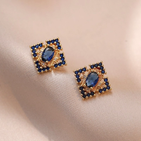 Orecchini A Lobo Quadrati Geometrici Vintage Per Donna Con Pietra Di Zircone Blu E Perno In Argento Sterling 925