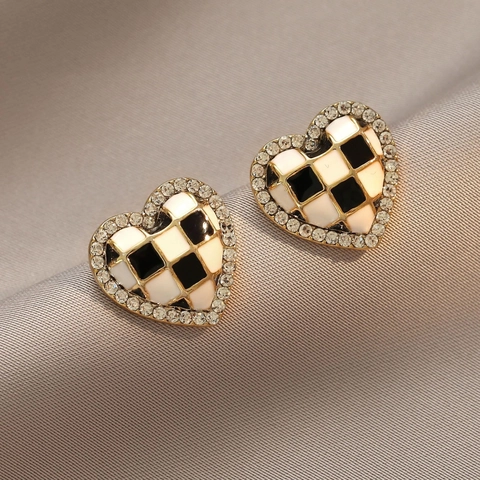 Heart Stud Earrings Copper Rhinestone Checkerboard Pattern With 925 Sterling Silver Earring Post Vintage For Women