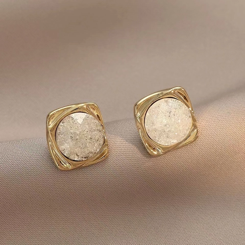 Geometric Square Round Stud Earrings With 925 Sterling Silver Earring Post Copper Inlaid Rhinestone Vintage For Women