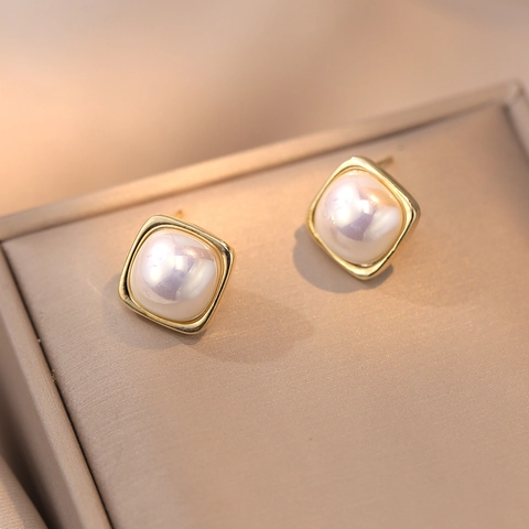 Orecchini A Lobo Con Künstliche Perle Quadrate Da Donna Cornice In Oro Rame Geometrico Retrò Con Perno In Argento Stile Coreano