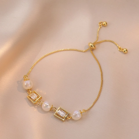 Mermaid Artificial Pearl Cubic Zirconia Adjustable Bracelet Geometric Square Frame Sliding Chain Fashion Jewelry For Women
