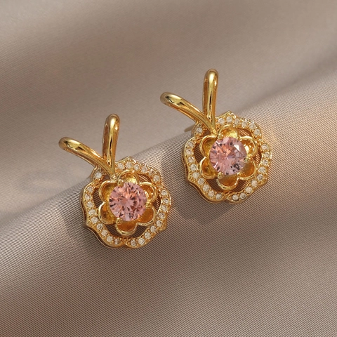 Boucles Oreilles Fleur Cuivre Zircon Rose Micro Pavé Strass Bijoux Élégants Femmes