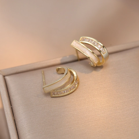 Double Row C Shaped Zircon Enamel Copper Earrings For Women With Silver Earring Post French Retro Geometric Ear Studs