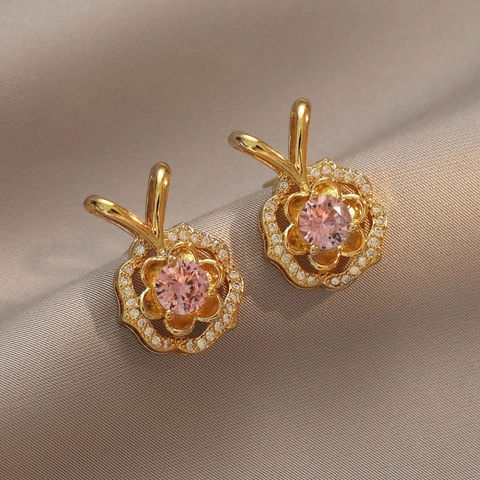 Boucles Oreilles Fleur Cuivre Zircon Rose Micro Pavé Strass Bijoux Élégants Femmes