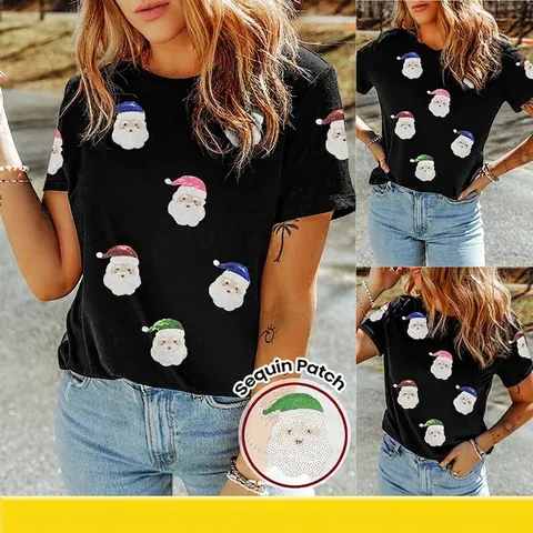 T-shirt Femme Décontracté en Mélange de Coton Patch Père Noël en Paillettes Col Rond Manches Courtes Haut de Fête