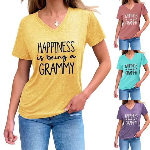 Damen V-Ausschnitt Kurzarm T-Shirt Baumwollmischung Buchstaben Aufdruck Happiness Is Being A Grammy Casual Top