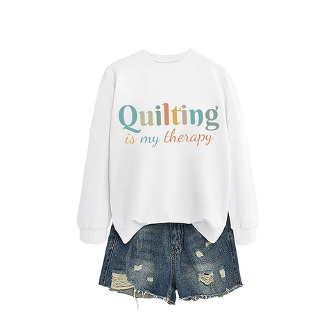 Felpa Donna Quilting Is My Therapy Stampa Girocollo Manica Lunga Misto Cotone Pullover Casual Streetwear Top