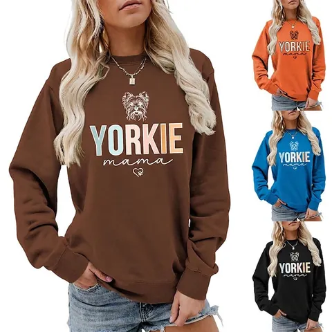 Felpa Donna Stampa Yorkie Mama Misto Cotone Girocollo Maniche Lunghe Casual Pullover Amante Dei Cani Top Largo Carino