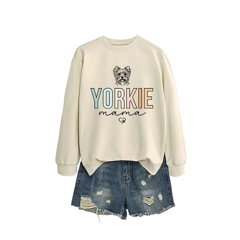 Felpa Donna Stampa Yorkie Mama Misto Cotone Girocollo Maniche Lunghe Casual Pullover Amante Dei Cani Top Largo Carino