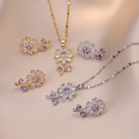 Stainless Steel Zirconia Purple Flower Necklace Earrings Jewelry Set For Women Elegant Floral Pendant Chain Party Accessories