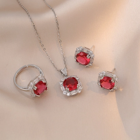 Luxury Jewelry Titanium Steel Necklace Ear Studs And Adjustable Ring Emerald Ruby Red Zircon Square Halo Retro For Women