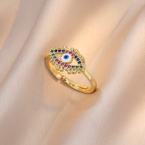 Evil Eye Zircon Adjustable Open Ring Gold Plated Alloy Colorful Rhinestone Enamel Lucky Jewelry For Women