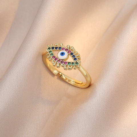 Evil Eye Zircon Adjustable Open Ring Gold Plated Alloy Colorful Rhinestone Enamel Lucky Jewelry For Women
