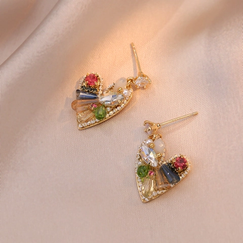 Orecchini A Pendente Cuore Colorato Donne Rame Con Zircone Cristallo Finta Perla Artificial Barocco Retro Elegante