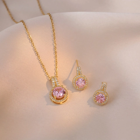 Round Pink Zircon Halo Pendant Necklace Titanium Steel Gold Plated Elegant Simple Jewelry For Women