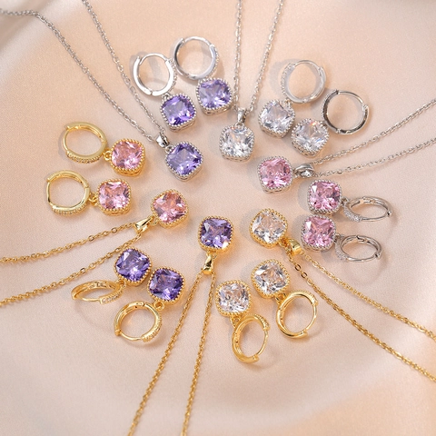 Elegante Edelstahl Zirkon Quadrat Kissen Schnitt Rosa Lila Kristall Anhänger Halskette Und Creolen Ohrringe Für Damen Party Geschenk