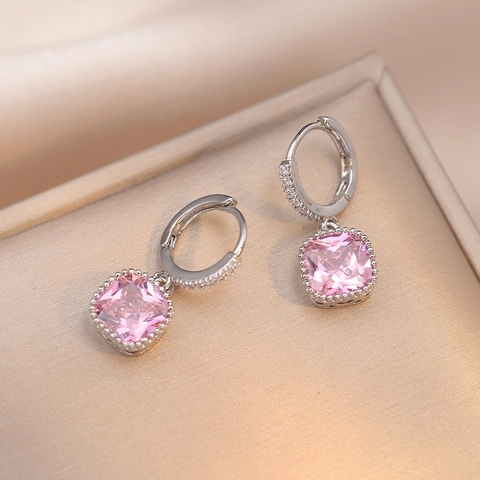 Orecchini In Rame Con Zircone Rosa Quadrato Per Donna Geometrico Intarsiato Cushion Cut Huggie Hoop Accessorio