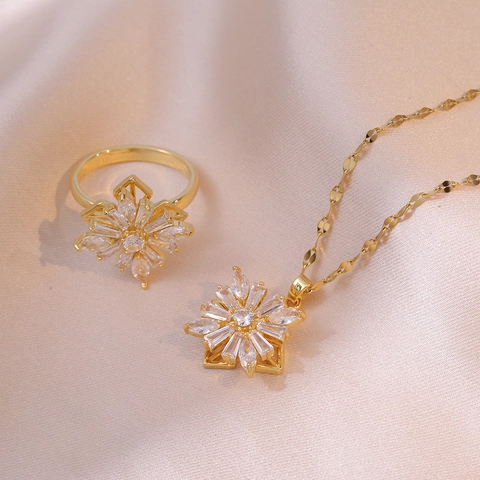Elegant Stainless Steel Rotating Flower Necklace Ring Set Pink White Zirconia Inlaid Spinner Jewelry Gift For Women