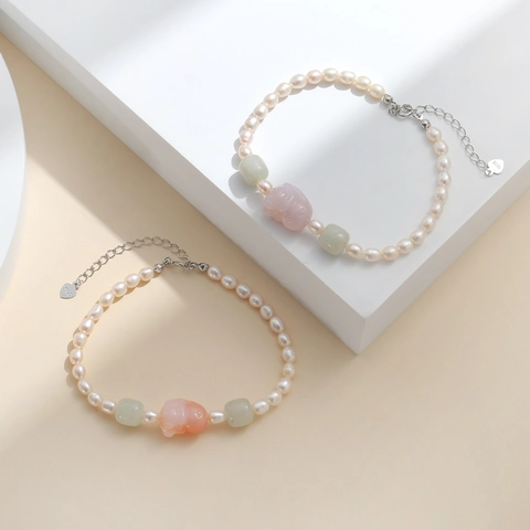 Freshwater Pearl Bracelet Natural Yanyuan Agate Jade Carved Animal Beaded S925 Sterling Silver For Women Elegant Fashion